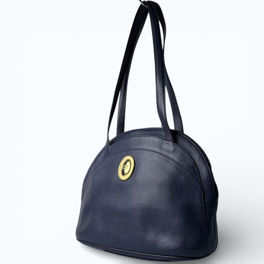 C H R I S T I A N D I O R Vintage Oval CD Logo Leather Shoulder Tote Bag Navy