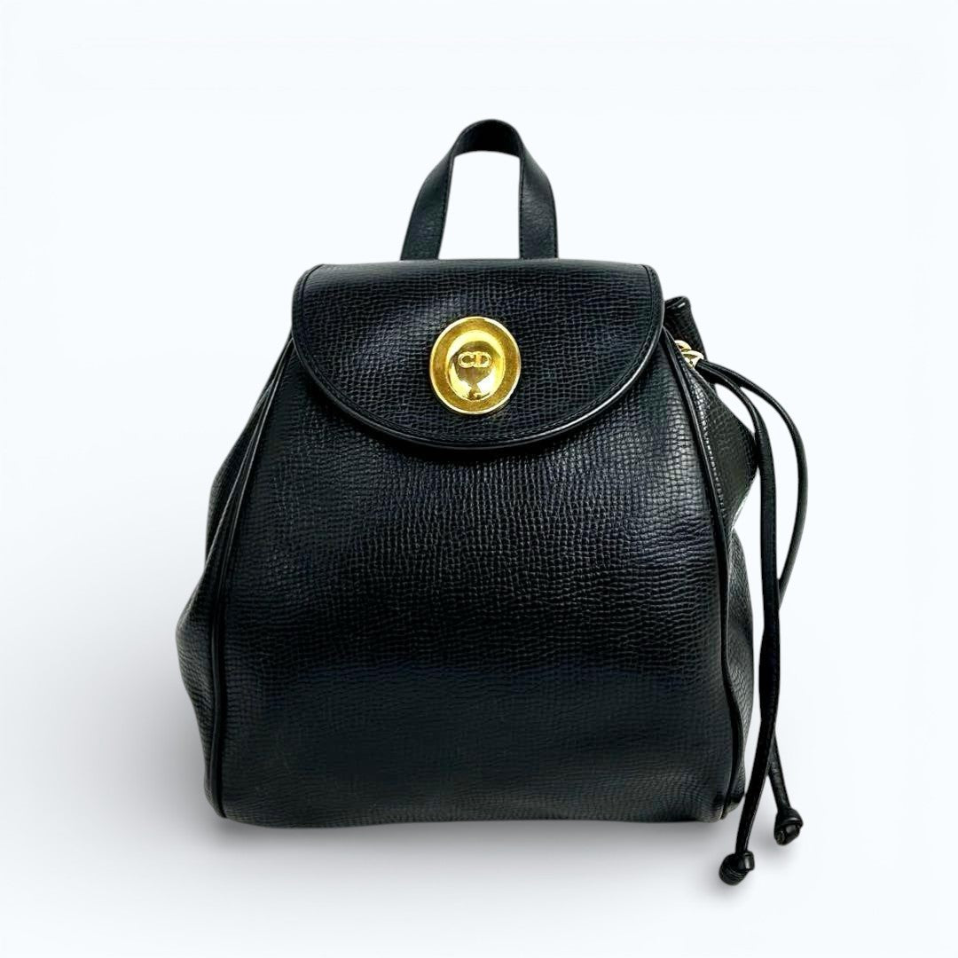 C H R I S T I A N D I O R Vintage Oval CD Logo Leather Drawstring Backpack Black