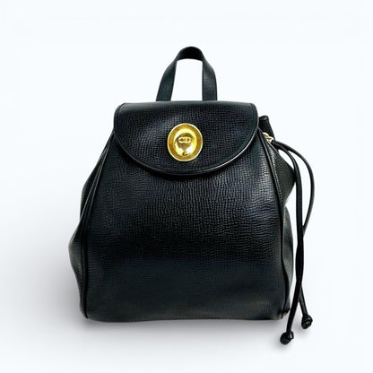 C H R I S T I A N D I O R Vintage Oval CD Logo Leather Drawstring Backpack Black