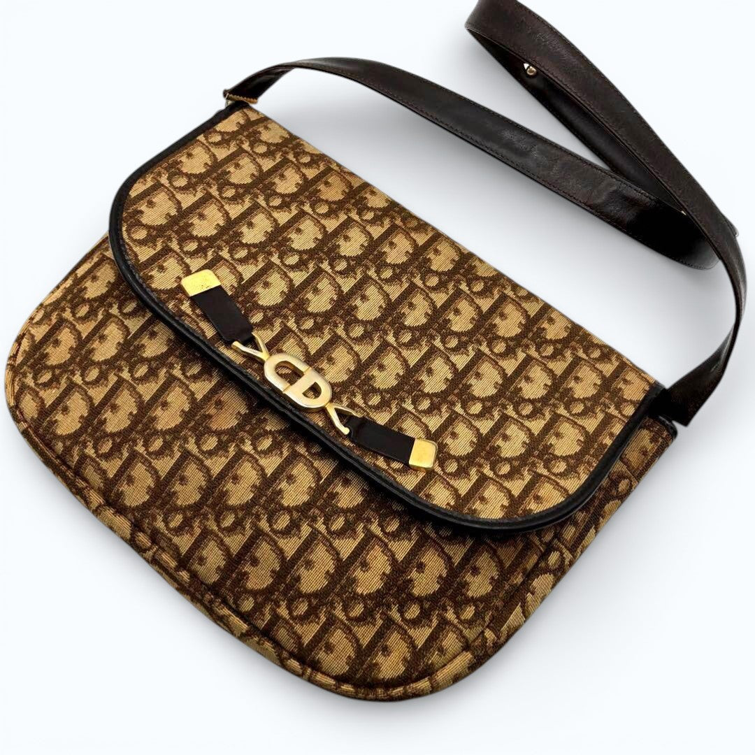 C H R I S T I A N D I O R Vintage Trotter Monogram Canvas Flap Shoulder Bag Brown