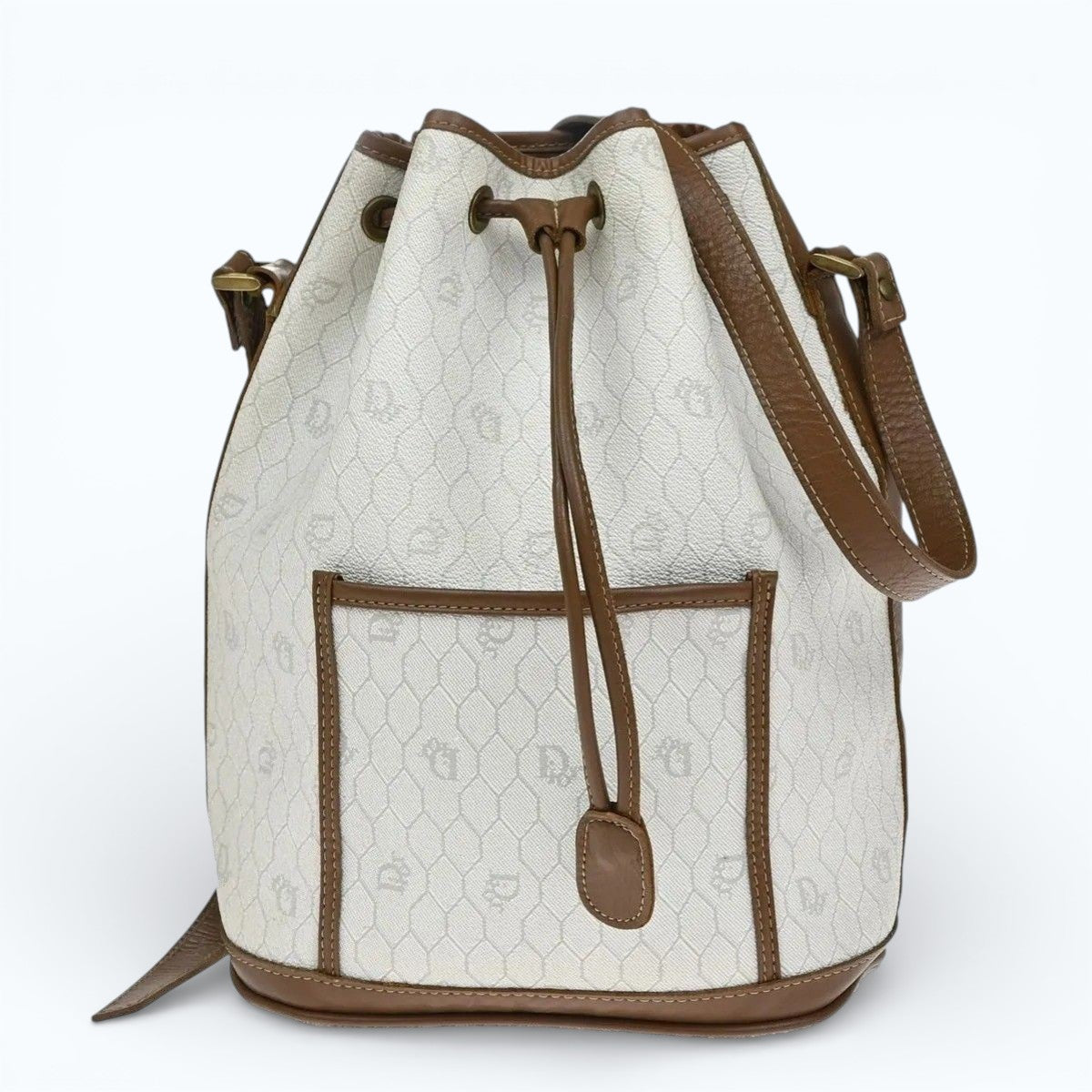 C H R I S T I A N D I O R Vintage Honeycomb Monogram Canvas Drawstring Bucket Bag White Brown