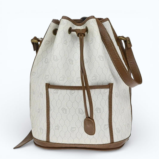 C H R I S T I A N D I O R Vintage Honeycomb Monogram Canvas Drawstring Bucket Bag White Brown