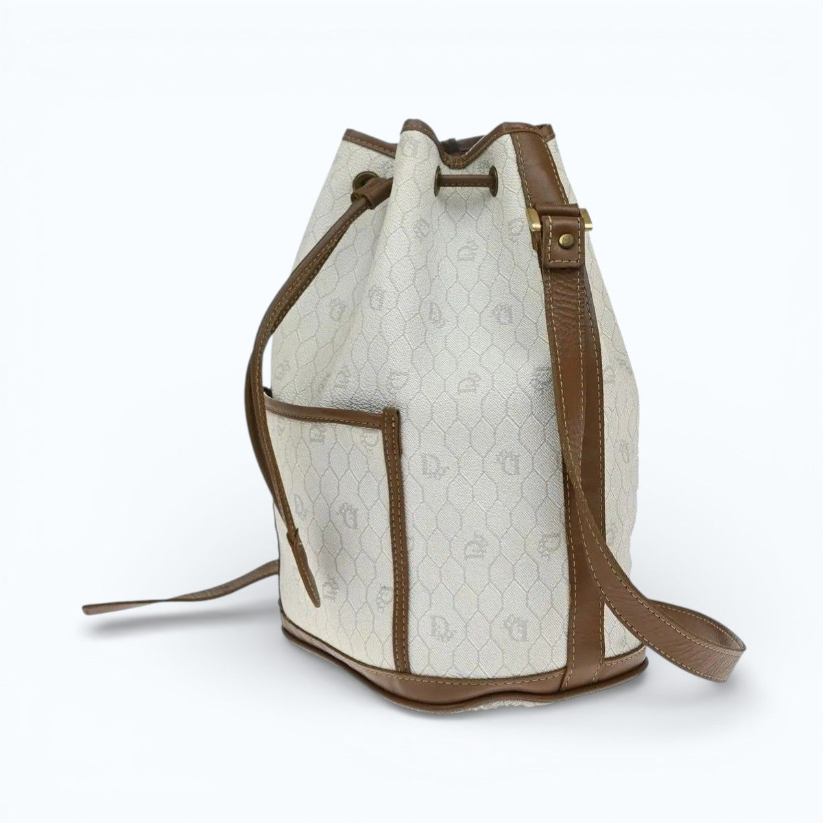 C H R I S T I A N D I O R Vintage Honeycomb Monogram Canvas Drawstring Bucket Bag White Brown