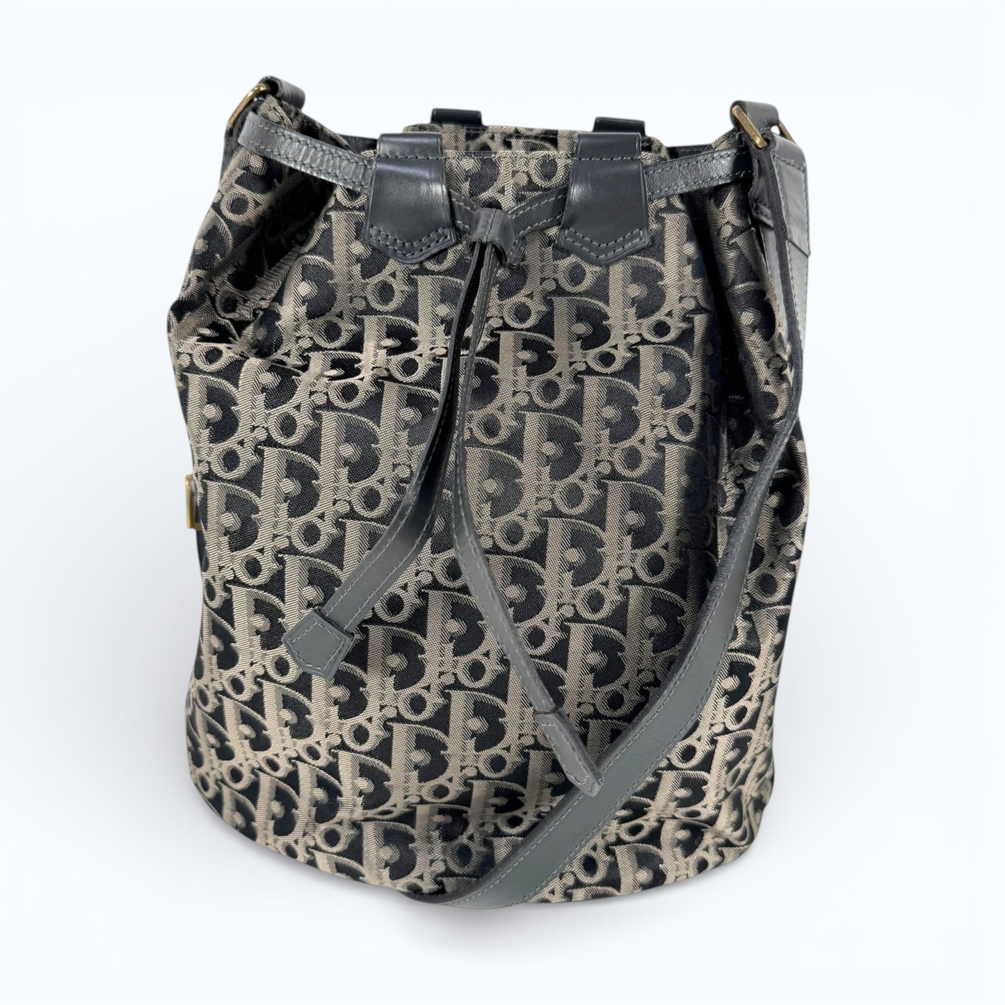 C H R I S T I A N D I O R Vintage Trotter Monogram Canvas Drawstring Bucket Bag Navy