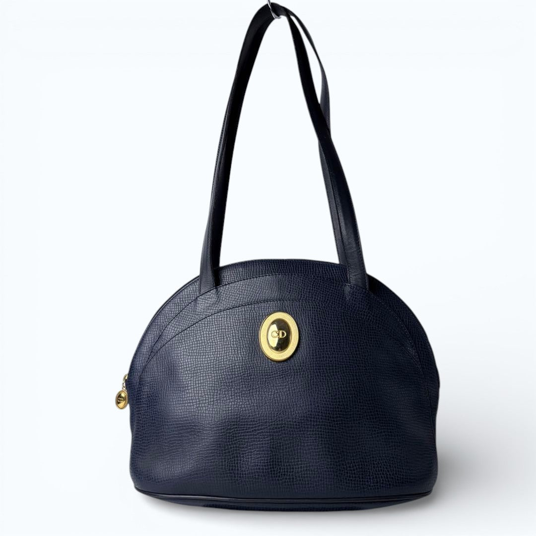 C H R I S T I A N D I O R Vintage Oval CD Logo Leather Shoulder Tote Bag Navy