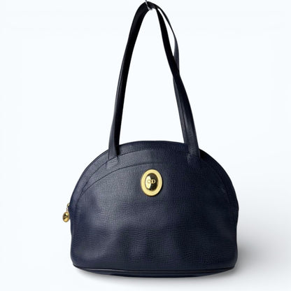 C H R I S T I A N D I O R Vintage Oval CD Logo Leather Shoulder Tote Bag Navy