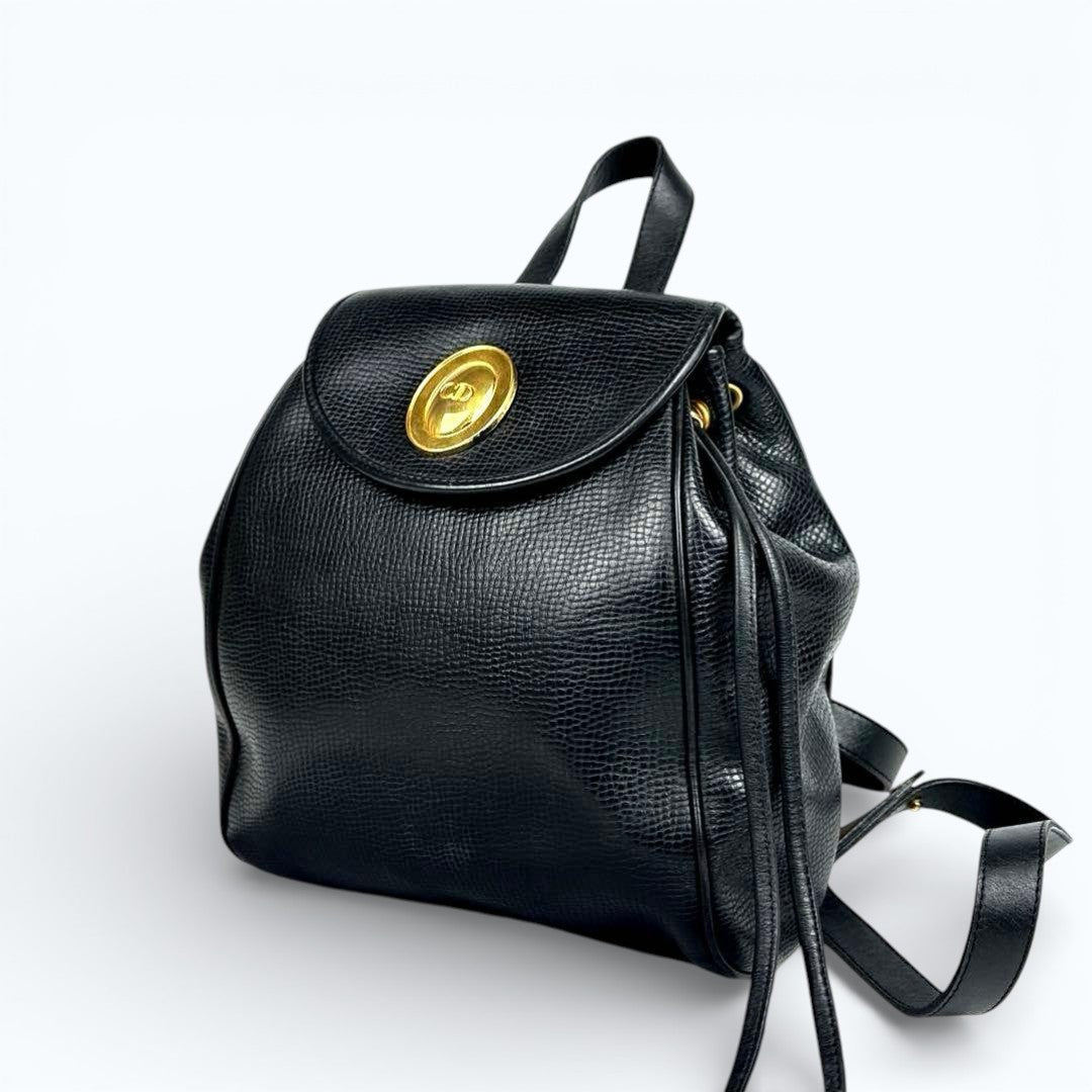 C H R I S T I A N D I O R Vintage Oval CD Logo Leather Drawstring Backpack Black