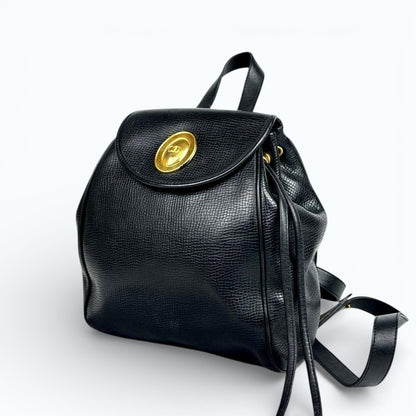 C H R I S T I A N D I O R Vintage Oval CD Logo Leather Drawstring Backpack Black