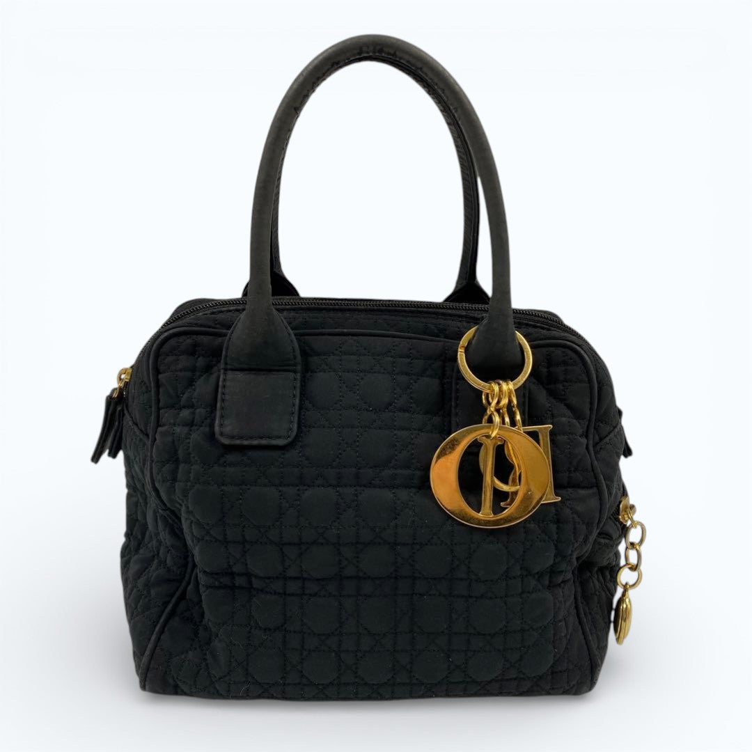 C H R I S T I A N D I O R Lady Dior Cannage Quilted Nylon Handbag Black Red 21cm