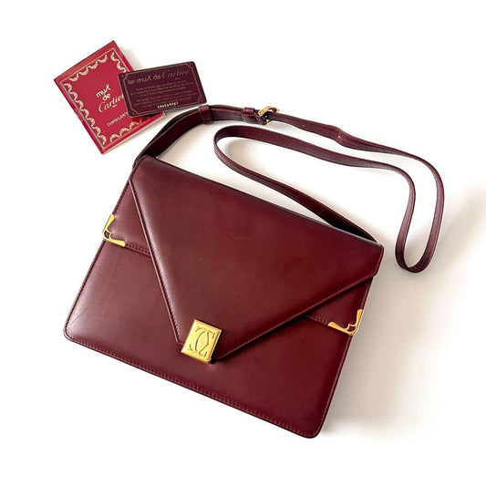 Authentic Cartier Must Line Double Flap Shoulder Bag - Bordeaux Calfskin