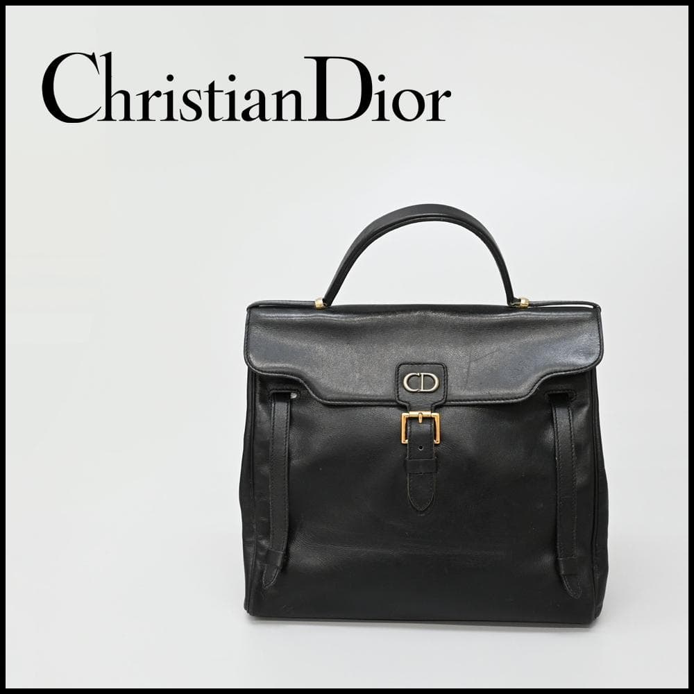 C H R I S T I A N D I O R Vintage CD Buckle Leather Structured Handbag Black