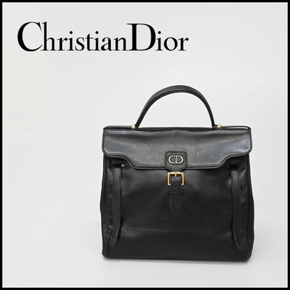 C H R I S T I A N D I O R Vintage CD Buckle Leather Structured Handbag Black