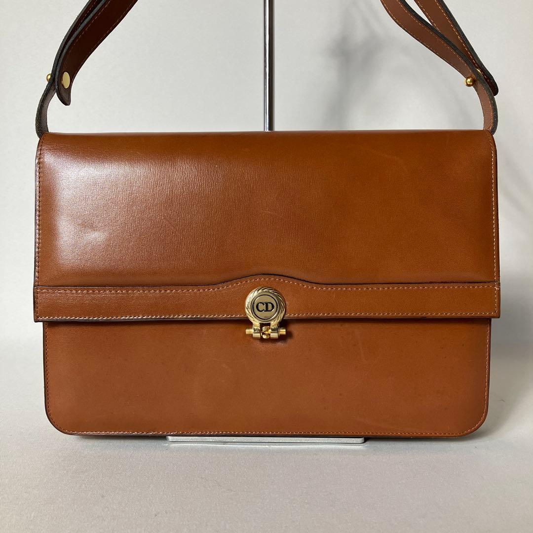 C H R I S T I A N D I O R Vintage Leather CD Logo Flap Shoulder Bag Brown