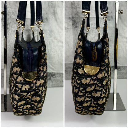 C H R I S T I A N D I O R Vintage Trotter Monogram Canvas Shoulder Bag Navy