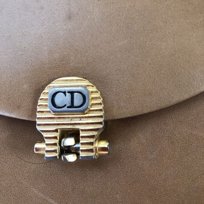C H R I S T I A N D I O R Vintage CD Logo Chain Leather Flap Shoulder Bag Camel