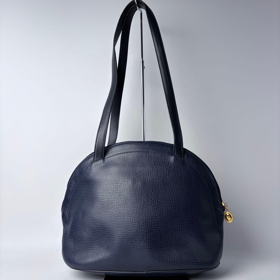 C H R I S T I A N D I O R Vintage Oval CD Logo Leather Shoulder Tote Bag Navy