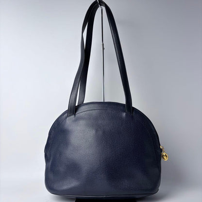 C H R I S T I A N D I O R Vintage Oval CD Logo Leather Shoulder Tote Bag Navy