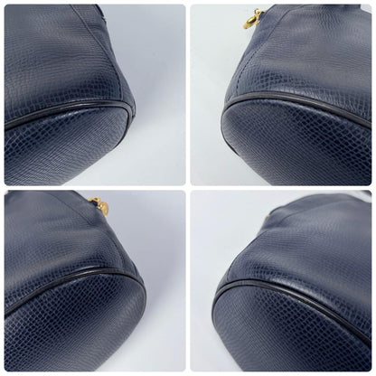 C H R I S T I A N D I O R Vintage Oval CD Logo Leather Shoulder Tote Bag Navy