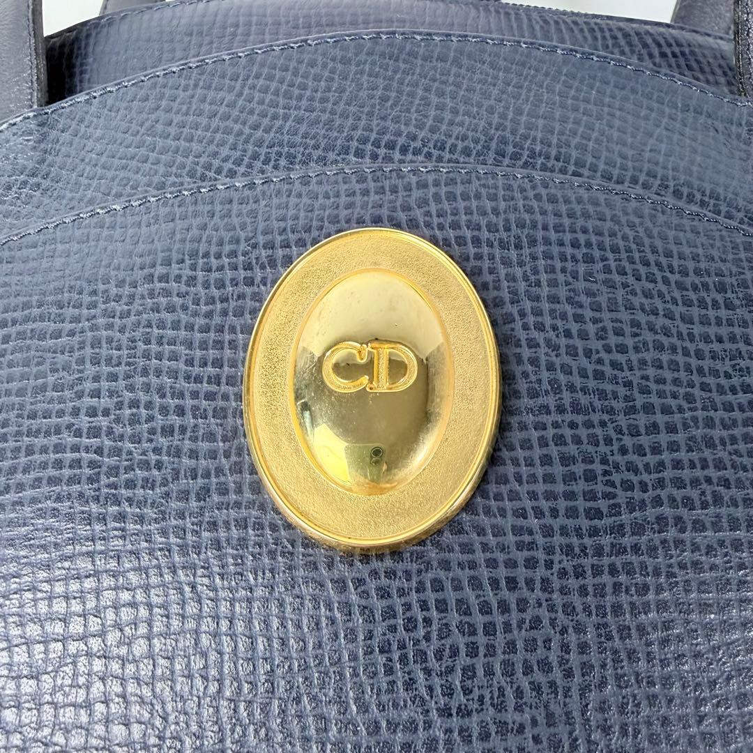 C H R I S T I A N D I O R Vintage Oval CD Logo Leather Shoulder Tote Bag Navy