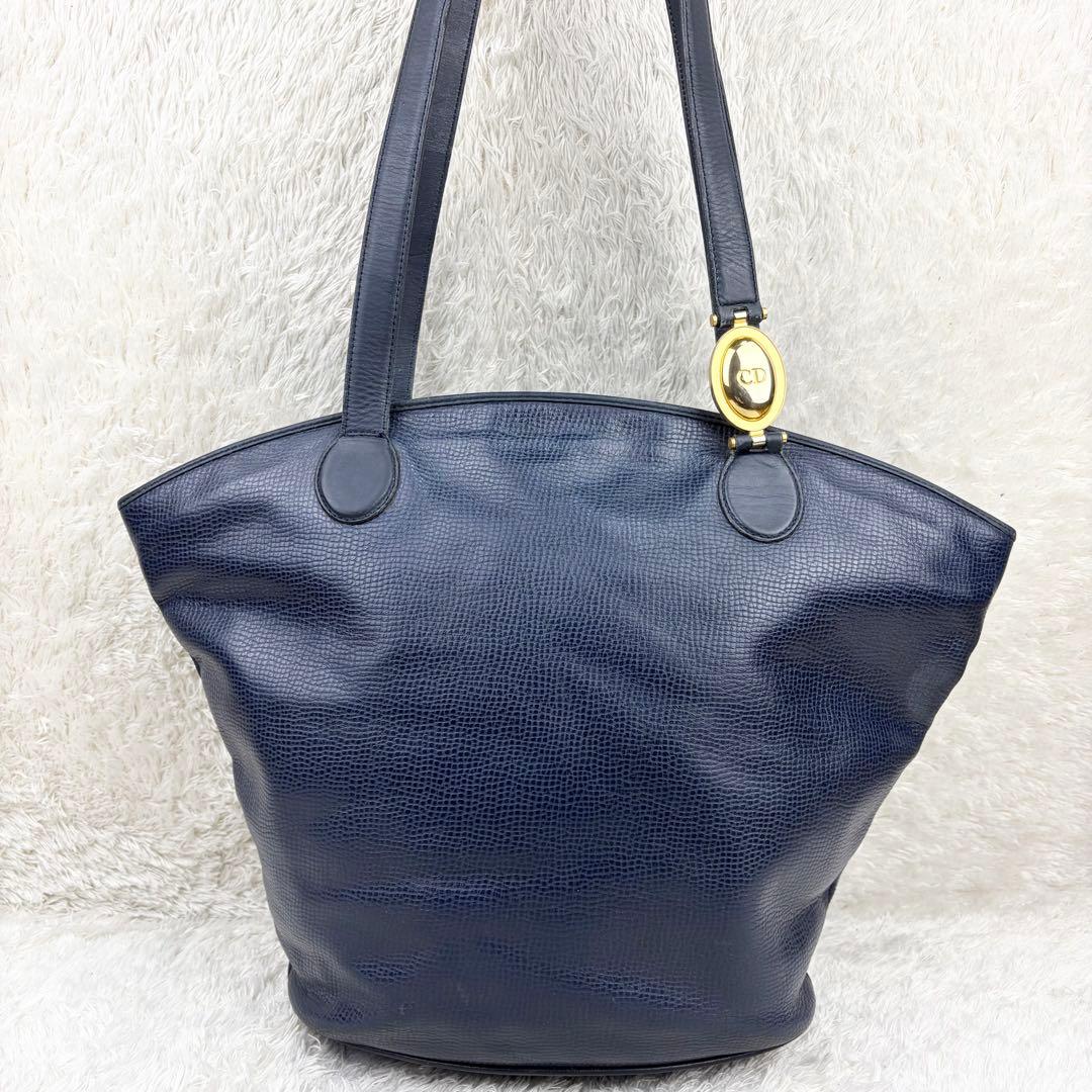 C H R I S T I A N D I O R Vintage All Leather Tote Bag Navy Gold Logo Hardware