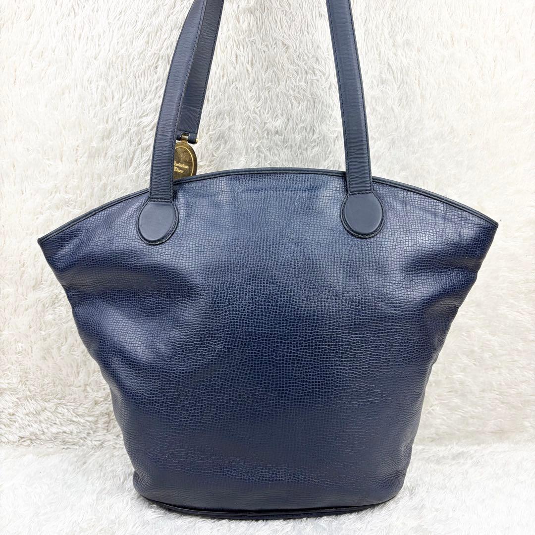 C H R I S T I A N D I O R Vintage All Leather Tote Bag Navy Gold Logo Hardware
