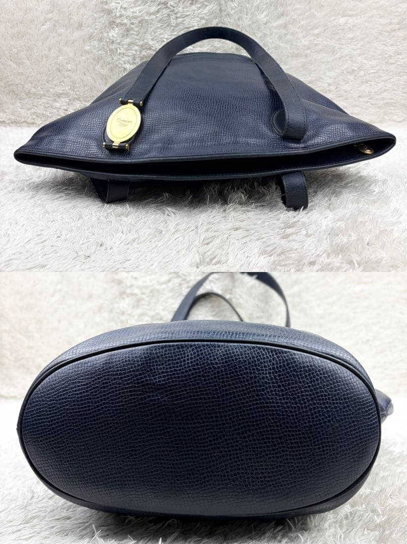C H R I S T I A N D I O R Vintage All Leather Tote Bag Navy Gold Logo Hardware