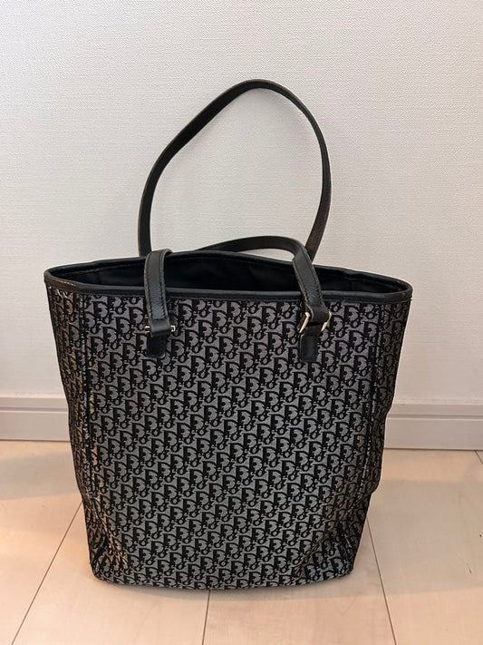 C H R I S T I A N D I O R Vintage Monogram Canvas Leather Tote Bag Black Grey