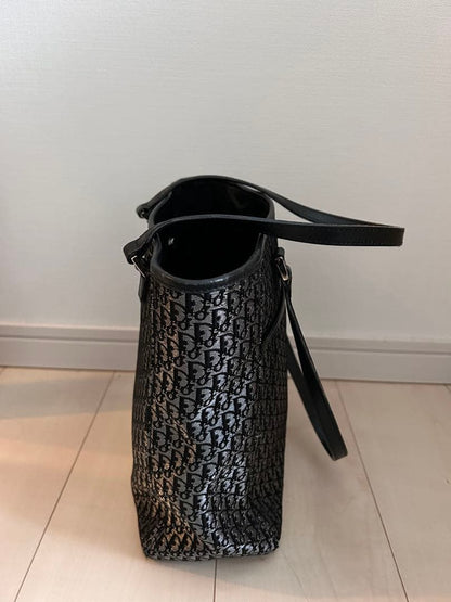 C H R I S T I A N D I O R Vintage Monogram Canvas Leather Tote Bag Black Grey