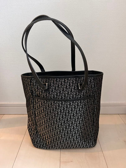 C H R I S T I A N D I O R Vintage Monogram Canvas Leather Tote Bag Black Grey