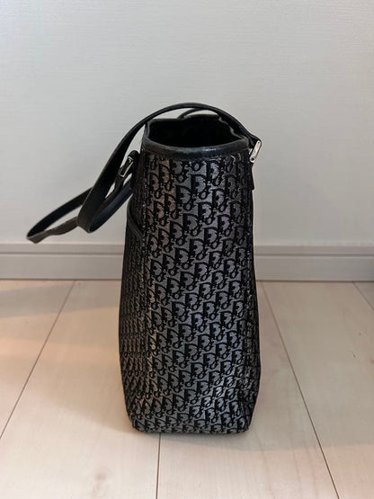 C H R I S T I A N D I O R Vintage Monogram Canvas Leather Tote Bag Black Grey
