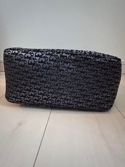 C H R I S T I A N D I O R Vintage Monogram Canvas Leather Tote Bag Black Grey