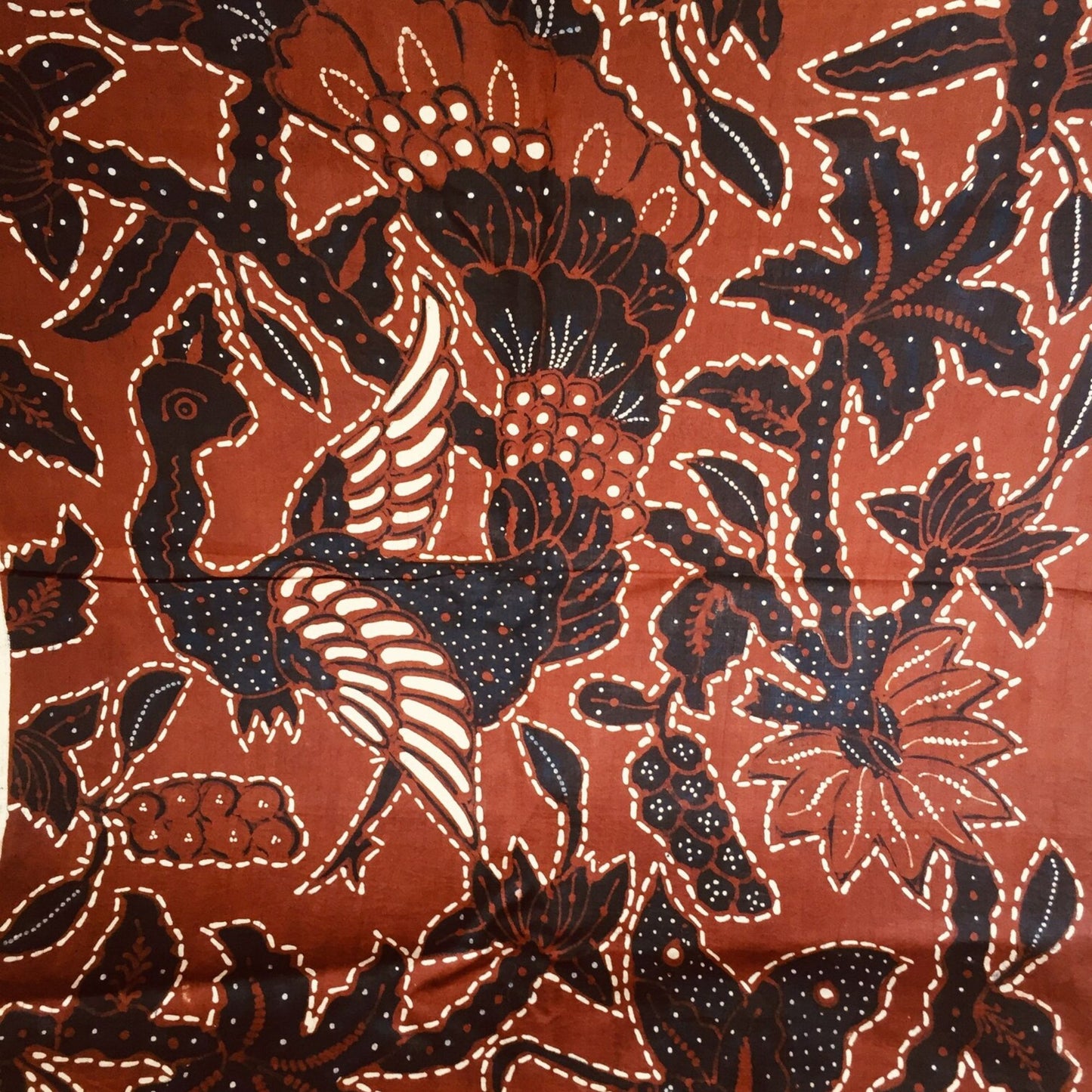 Vintage Sogan (Brown) Hand Drawn Batik with Peacock and Floral Motif Shawl