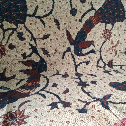 Vintage Indonesian Hand Drawn Batik with Peacock and Floral Background