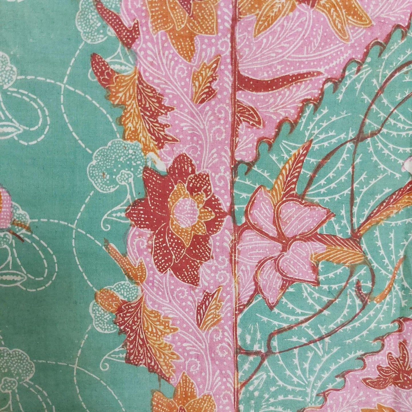 Vintage Indonesian Sarong Hand Drawn Turquoise-Pink Batik Peranakan/Encim
