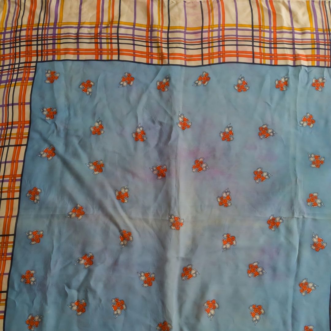 1990s Geometric Flowers Silk Blue Orange Scarf