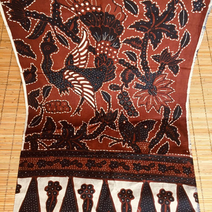 Vintage Sogan (Brown) Hand Drawn Batik with Peacock and Floral Motif Shawl