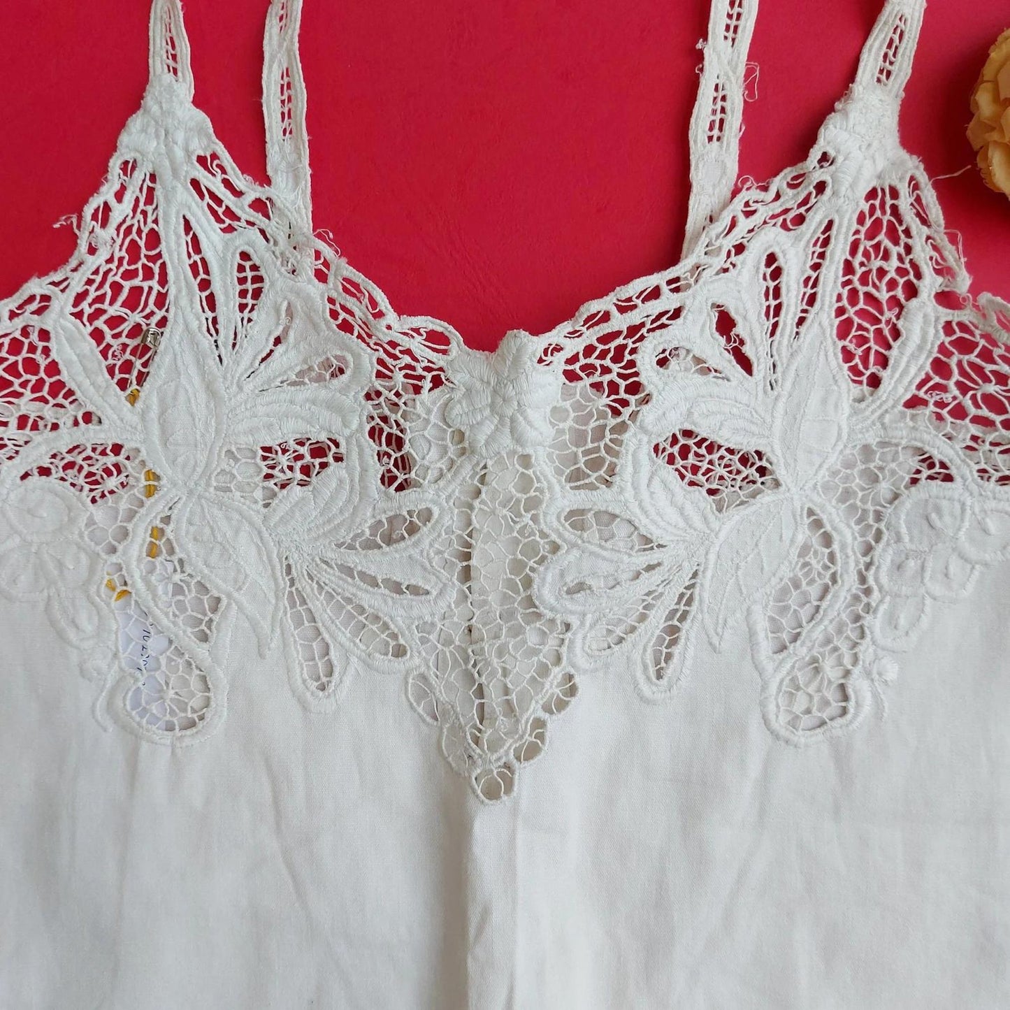 Indonesian Vintage White Camisole with Floral Kerancang Embroidery