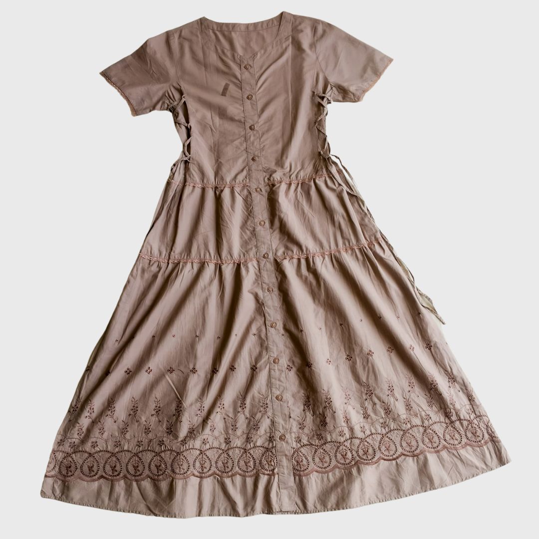 Vintage Taupe Midi Dress With Embroidery