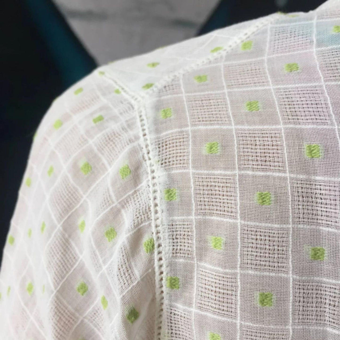 Vintage Indonesian White and Green Kebaya with Simple Circle Embroidery