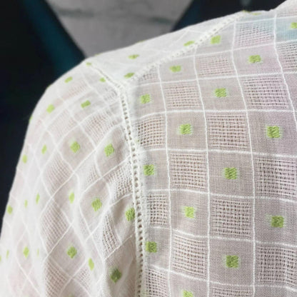 Vintage Indonesian White and Green Kebaya with Simple Circle Embroidery