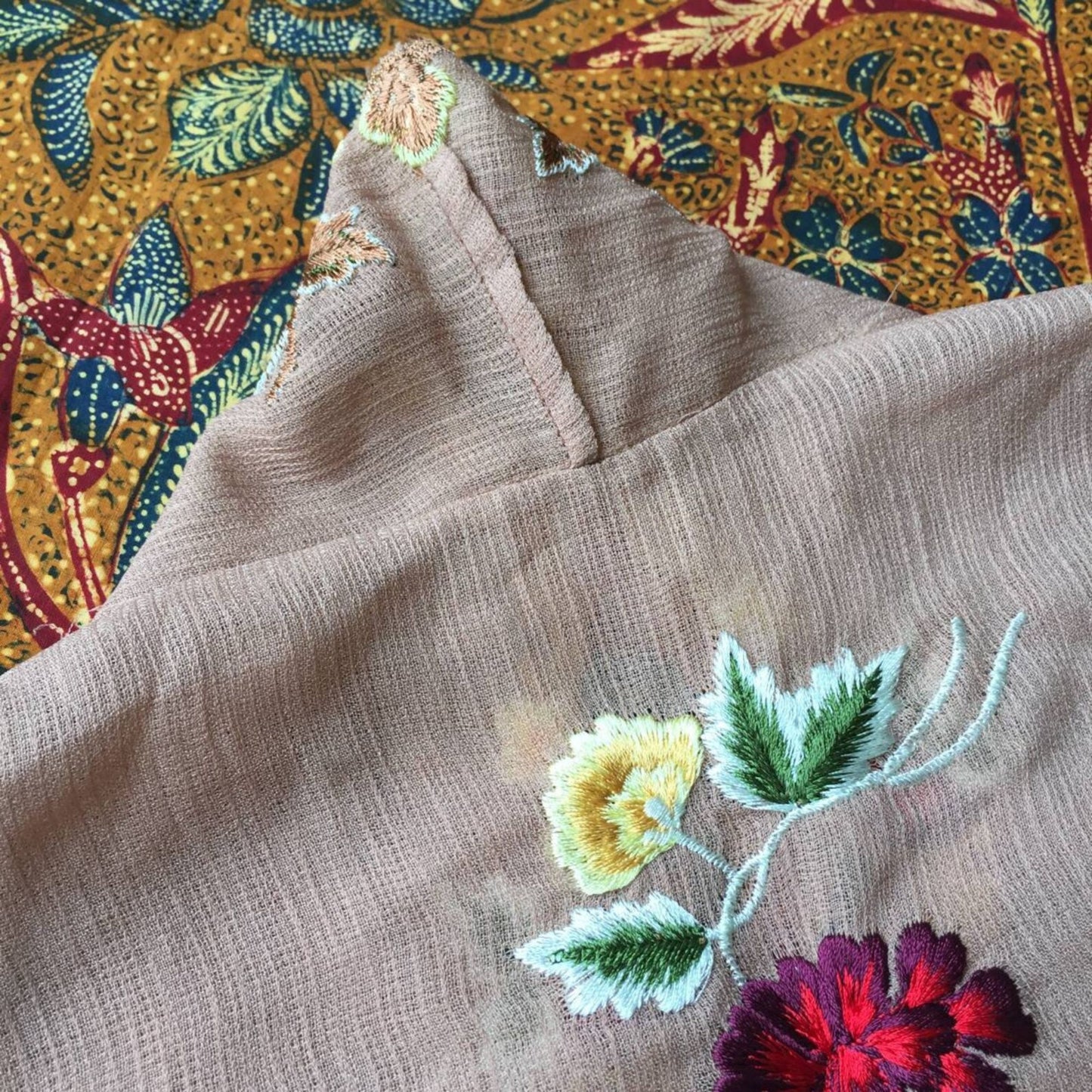 Vintage Inspired Peanut Brown Indonesian Kebaya with Red Seruni Flower Embroideries