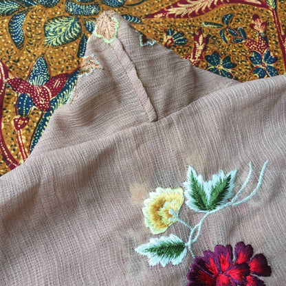 Vintage Inspired Peanut Brown Indonesian Kebaya with Red Seruni Flower Embroideries