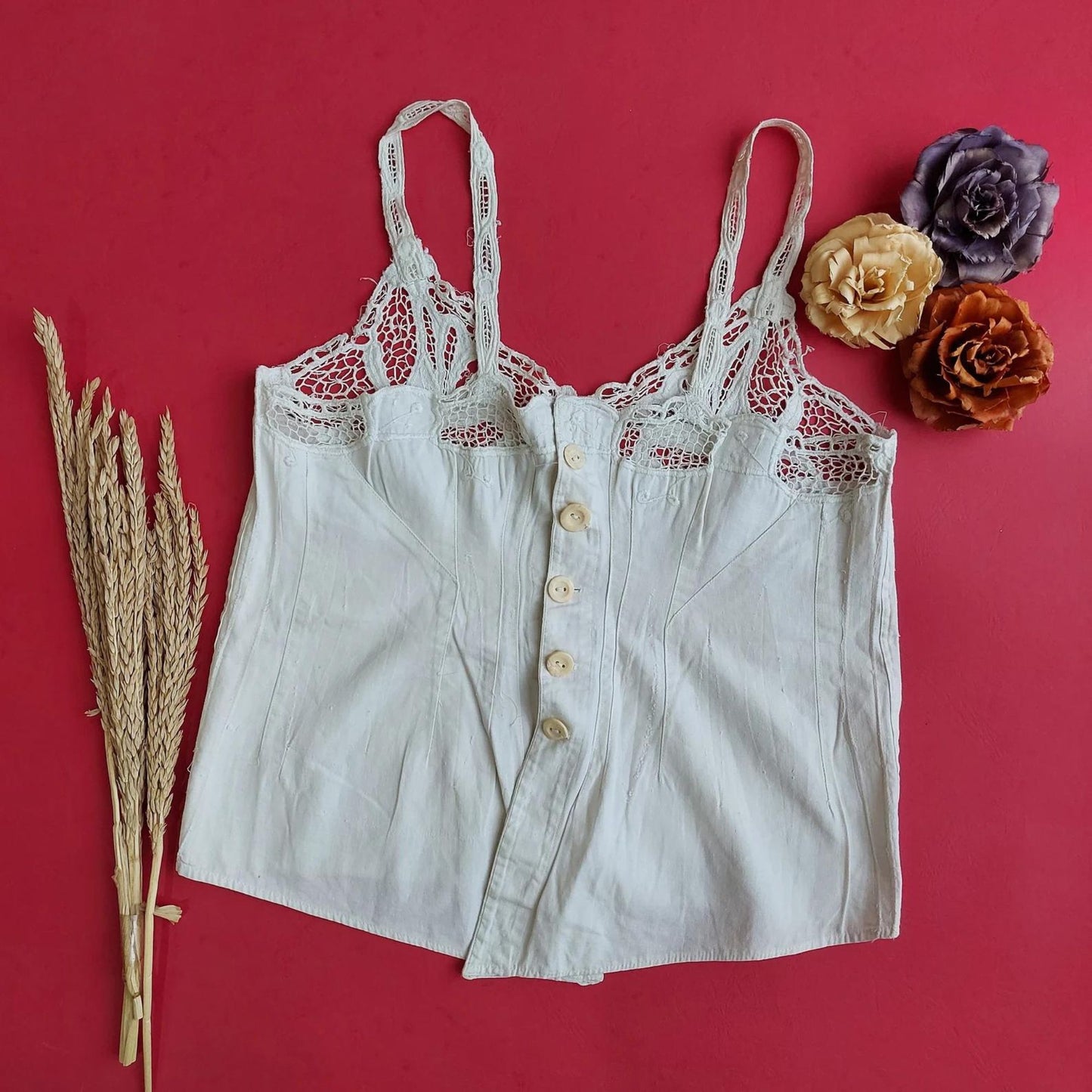 Indonesian Vintage White Camisole with Floral Kerancang Embroidery