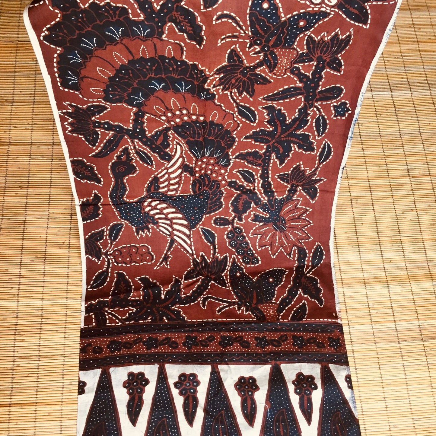 Vintage Sogan (Brown) Hand Drawn Batik with Peacock and Floral Motif Shawl