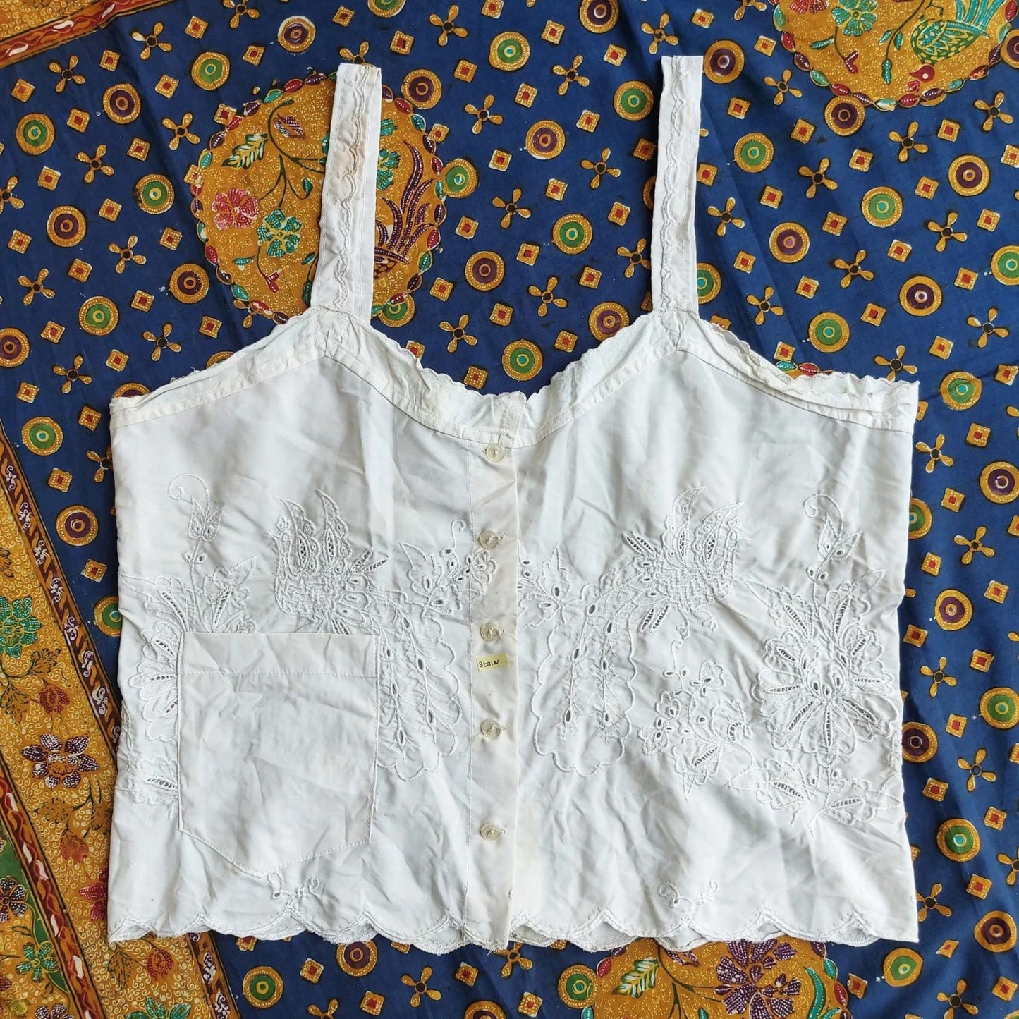 Indonesian Vintage White Camisole with Peacock Embroidery