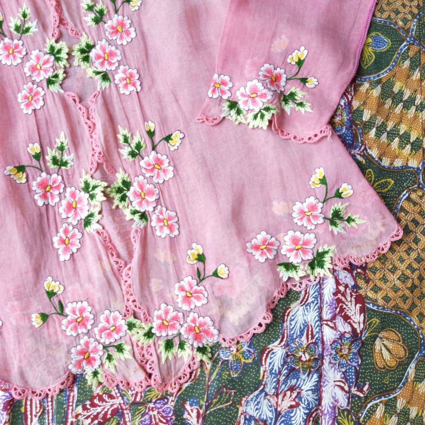 Vintage Indonesian Kebaya Encim in Pink with Pink Chrysanthemum Embroidery