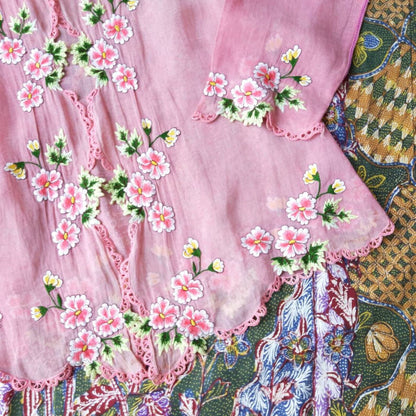 Vintage Indonesian Kebaya Encim in Pink with Pink Chrysanthemum Embroidery
