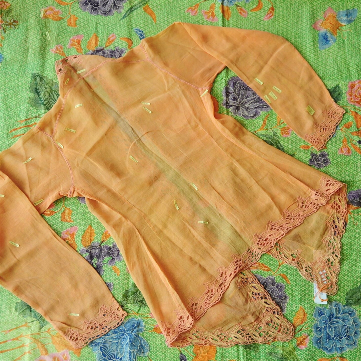 Vintage Orange Sandstone Indonesian Kebaya with Pink Kerancang Embroidery