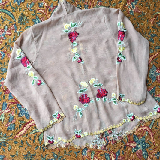 Vintage Inspired Peanut Brown Indonesian Kebaya with Red Seruni Flower Embroideries