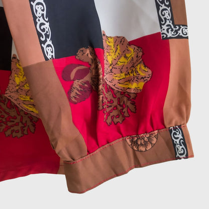 Vintage Long Sleeve Red Brown Abstract Blouse